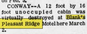 Blanks Pleasant Ridge Motel and Cabins - Oct 1967 Fire Destroys Cabin